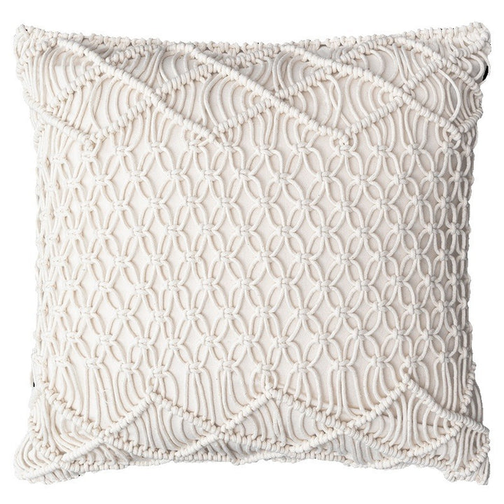 Boho macrame pillow cover with hand-knotted ornament relief and cotton texture