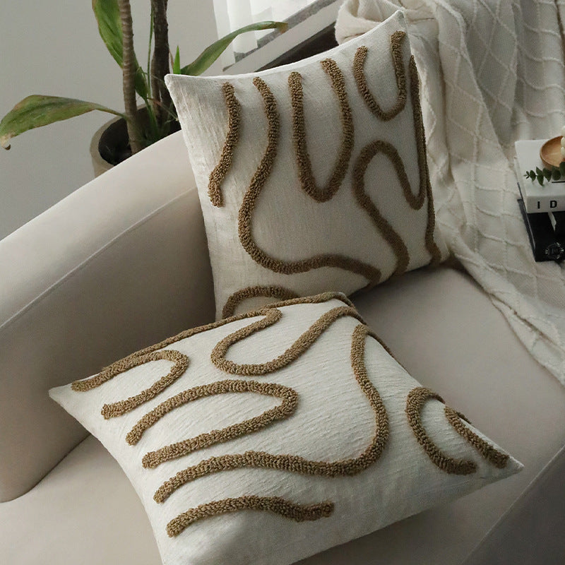Square decorative cushion cover with hand-tufted loop appliqué and fine linen look