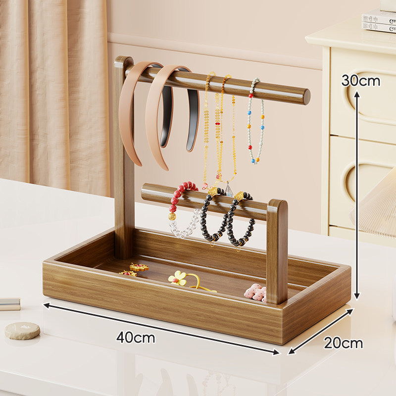 Wooden Dual-Tier Jewelry Organizer Stand with Felt-Lined Tray