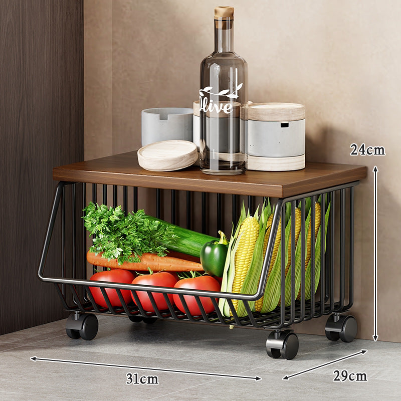 Multi-Tier Rolling Kitchen Fruit and Vegetable Storage Cart with Wood Top
