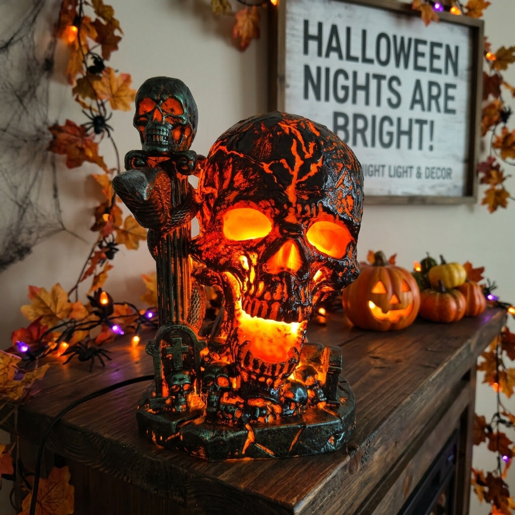 Gothic Skull Table Lamp with Flickering LED Eye Effects and Weathered Shade