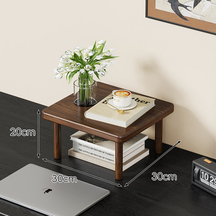 Compact Solid Wood Elevated Desk Display Stand with Under-Shelf Storage and Rounded Leg Design