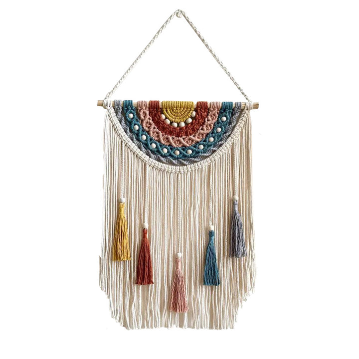 Artistic macrame wall hanging with colorful tassels and decorative elements