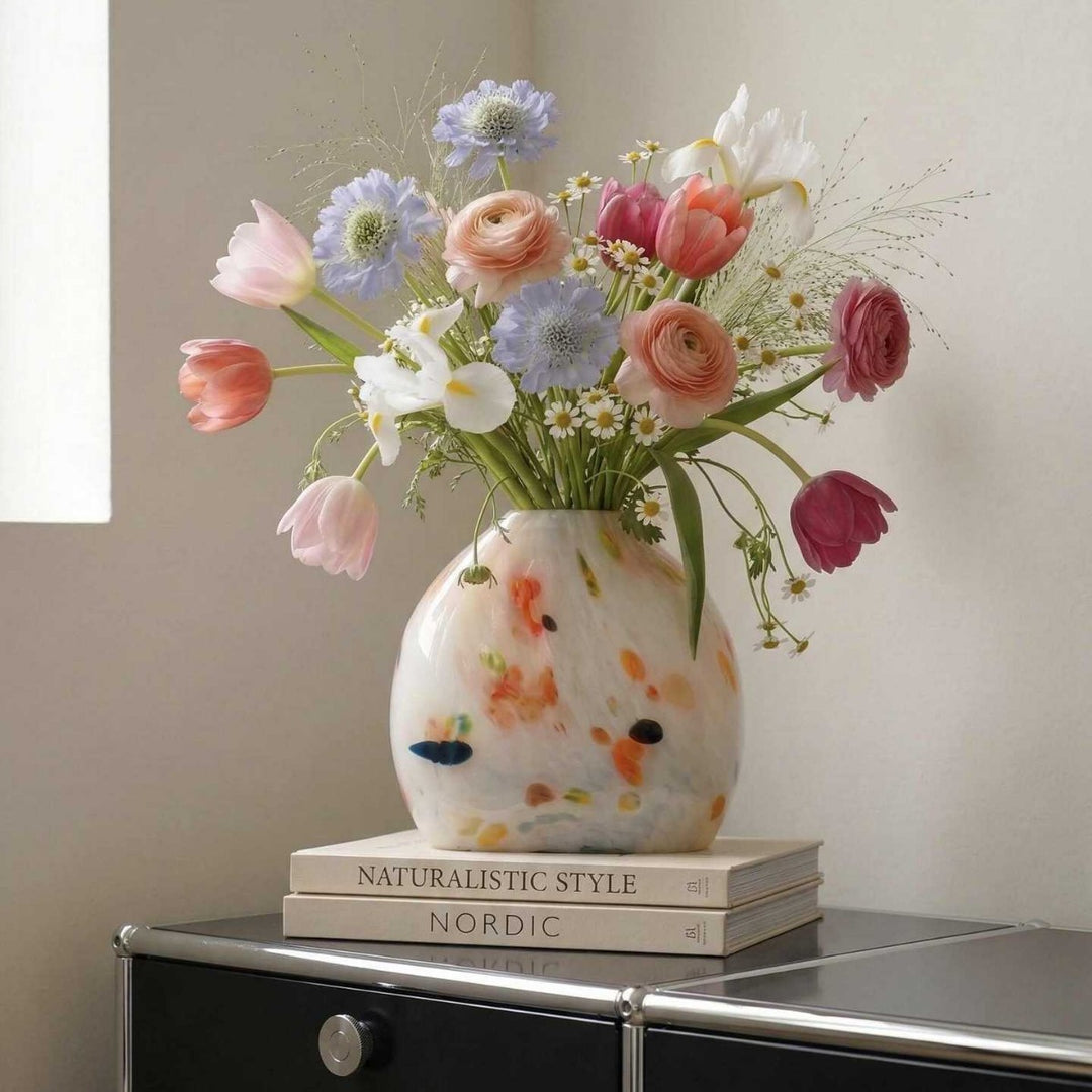 Sculptural Flat-Oval Hand-Blown Art Glass Tabletop Vase