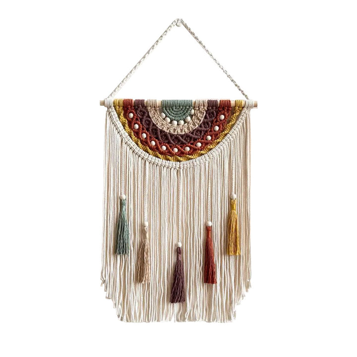 Artistic macrame wall hanging with colorful tassels and decorative elements