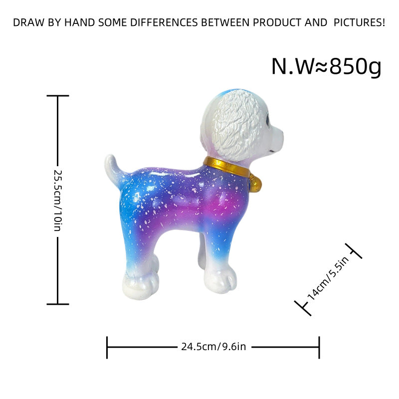 Artistic dog sculpture with colorful design