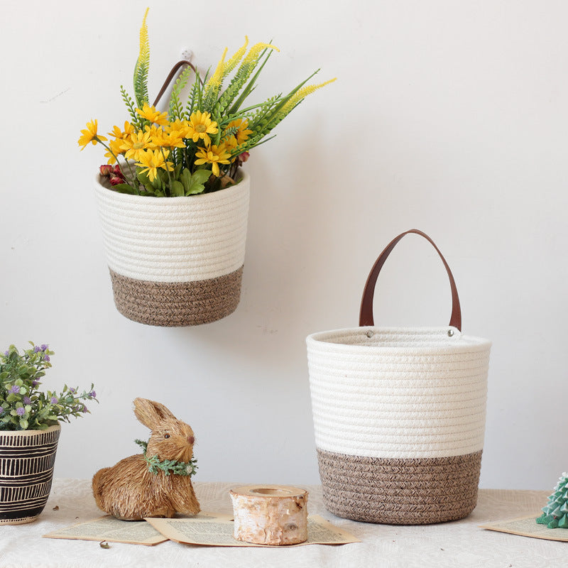 Decorative basket with leather handle