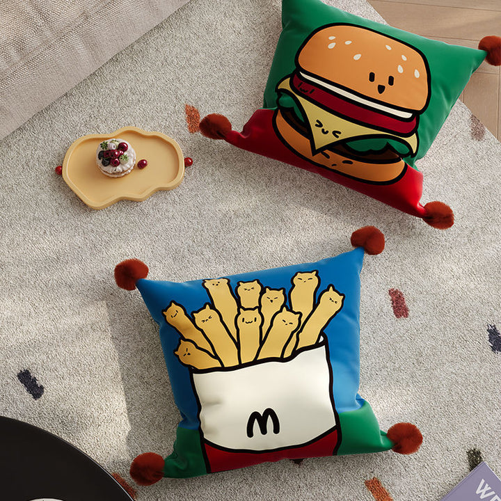 Decorative Cartoon Fries-Cats Square Throw Pillow Cover with Pom-Pom Tassel Corners