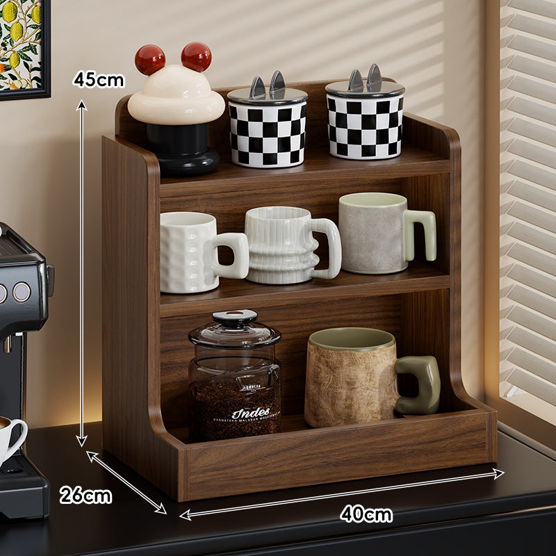 Countertop Wooden Coffee Station Organizer Shelf with Three-Tier Cup and Canister Storage