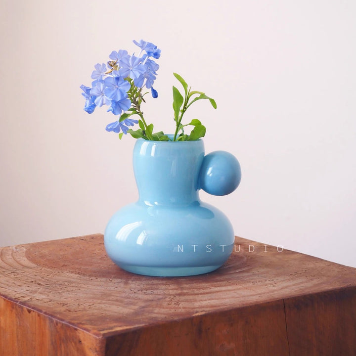Short Bulbous Ceramic Bud Vase with Side Orb Accent