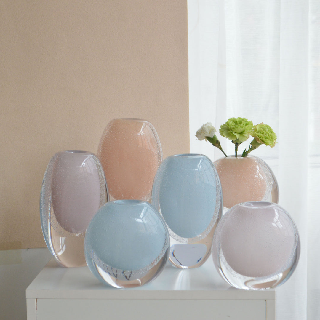 Hand-Blown Bubble-Encased Oval Decorative Glass Bud Vase Set