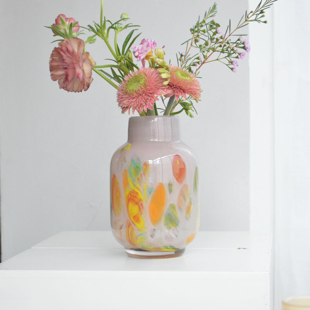 Hand-Blown Narrow-Mouth Decorative Vase with Marbled Inclusions