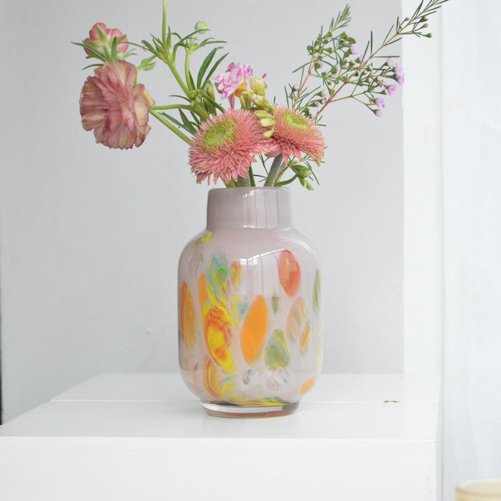 Hand-Blown Narrow-Mouth Decorative Vase with Marbled Inclusions