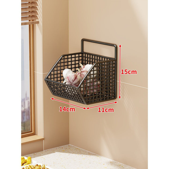 Wall-Mounted Double-Tier Grid Mesh Kitchen Storage Basket Organizer
