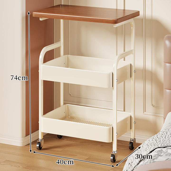 Mobile Wooden-Top Bedside Cart with Metal Frame and Lower Storage Tray