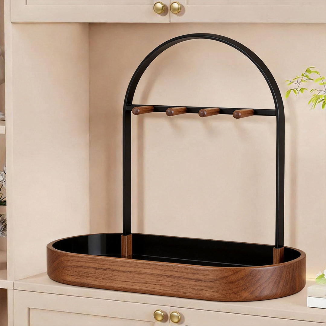 Wood and Metal Entryway Valet Tray with Arched Hook Rack