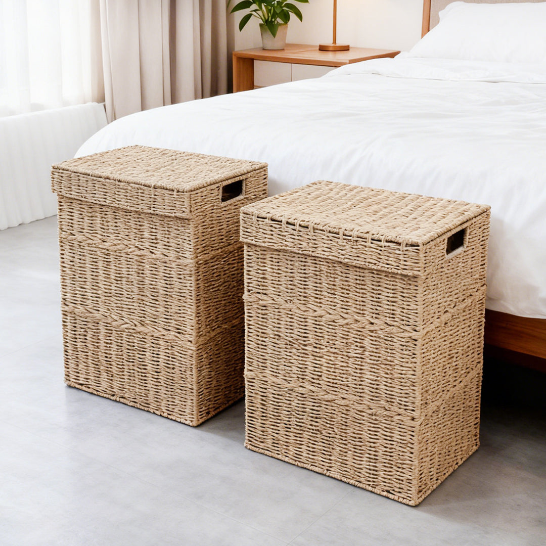 High-quality laundry basket with lid and natural weave