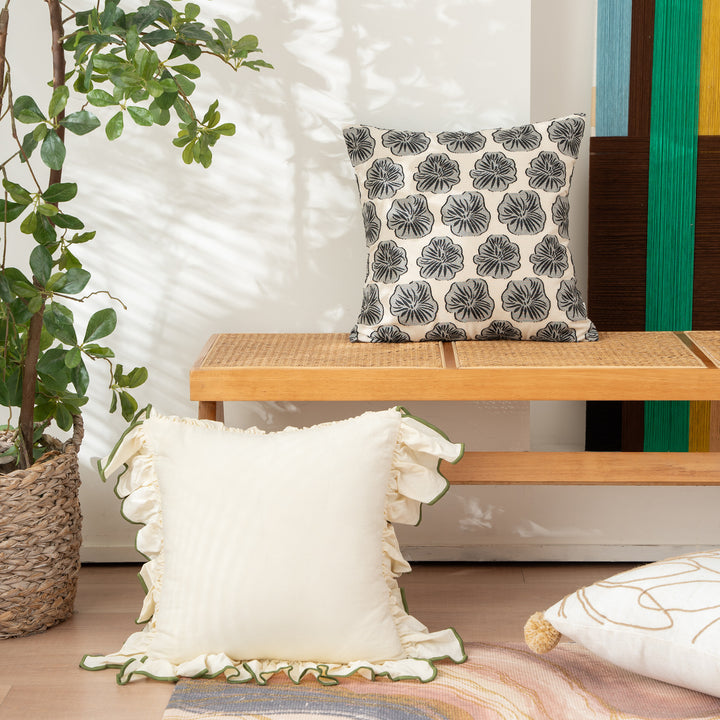 Decorative embroidered cushion cover made of cotton-linen with floral relief pattern
