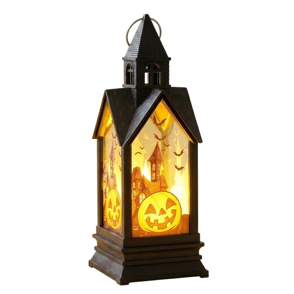 Halloween-themed LED Decorative Lantern with Silhouette Witch Pumpkin Ghost Scene