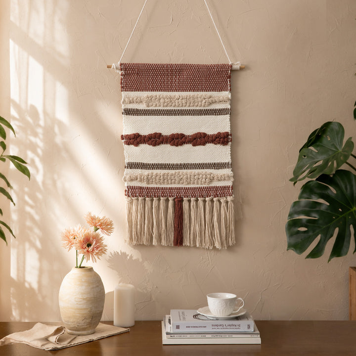 Macrame Wall Hanging with Fringe, hand-knotted cotton texture