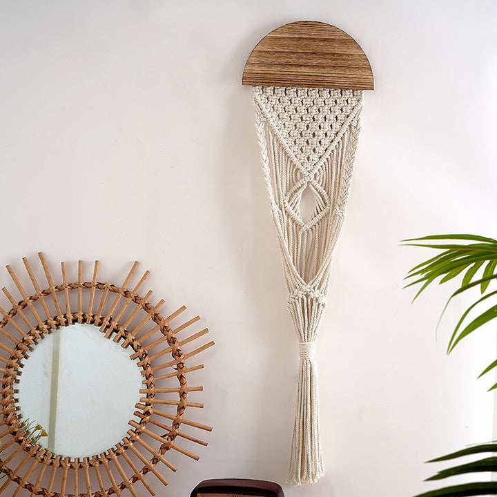 Decorative Macrame Wall Hanging with Wooden Accents