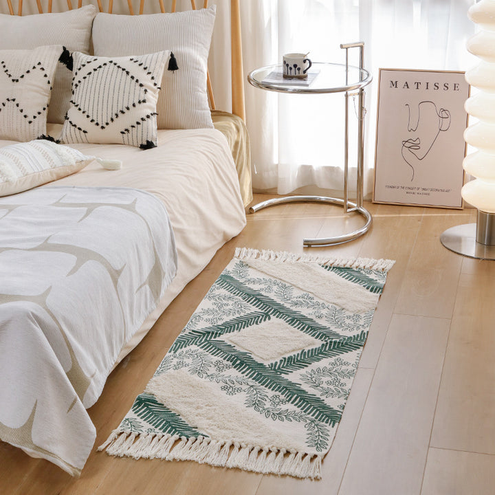 decorative woven bathroom runner with botanical jacquard pattern and fringes