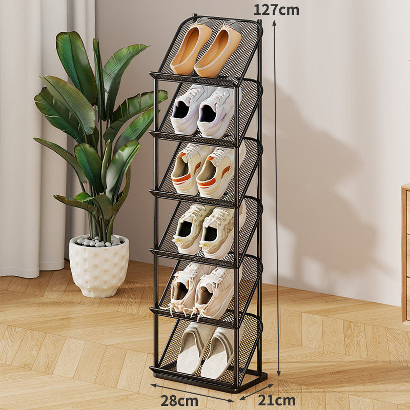 Vertical Multi-Tier Slim Mesh Shoe Rack Organizer with Angled Shelves and Space-Saving Footwear Stand