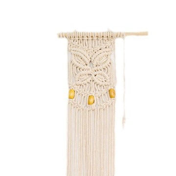 Macrame phone pouch with wooden beads, leaf relief and hanging loop