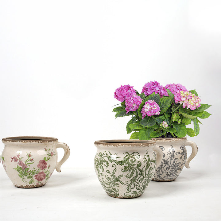 Decorative ceramic pot with floral pattern