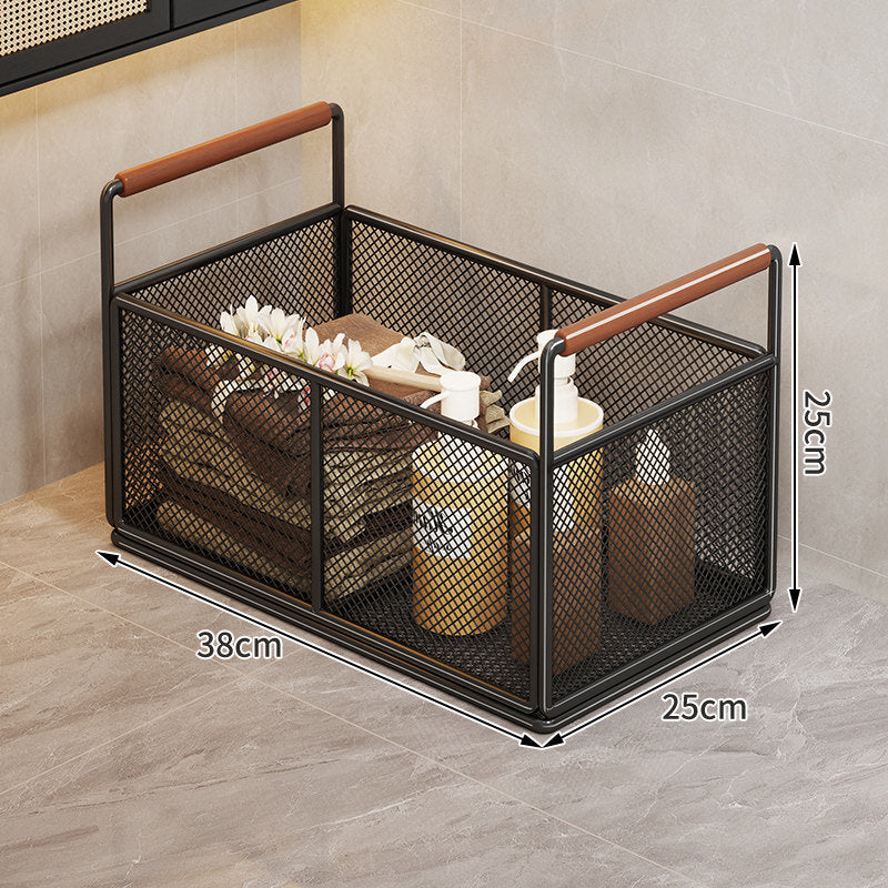 Rectangular Metal Mesh Countertop Storage Basket with Wooden Carry Handles