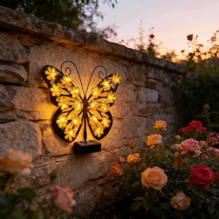 Decorative metal butterfly wall lamp with solar-powered flower LED string