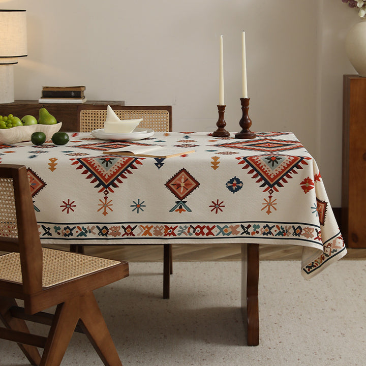 Woven cotton-linen tablecloth with paisley print and decorative border