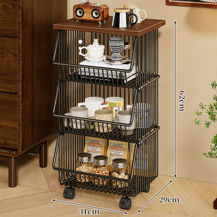 Four-Tier Industrial Wire Basket Cart with Wood Top and Swivel Locking Casters