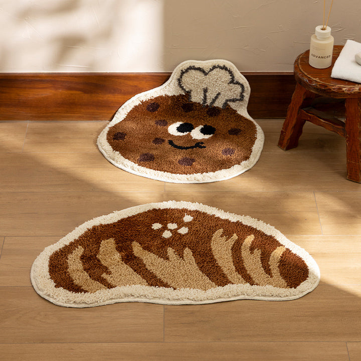Bathroom mat set with hand-tufted cookie and bread design, soft microfiber pile and non-slip rubber backing