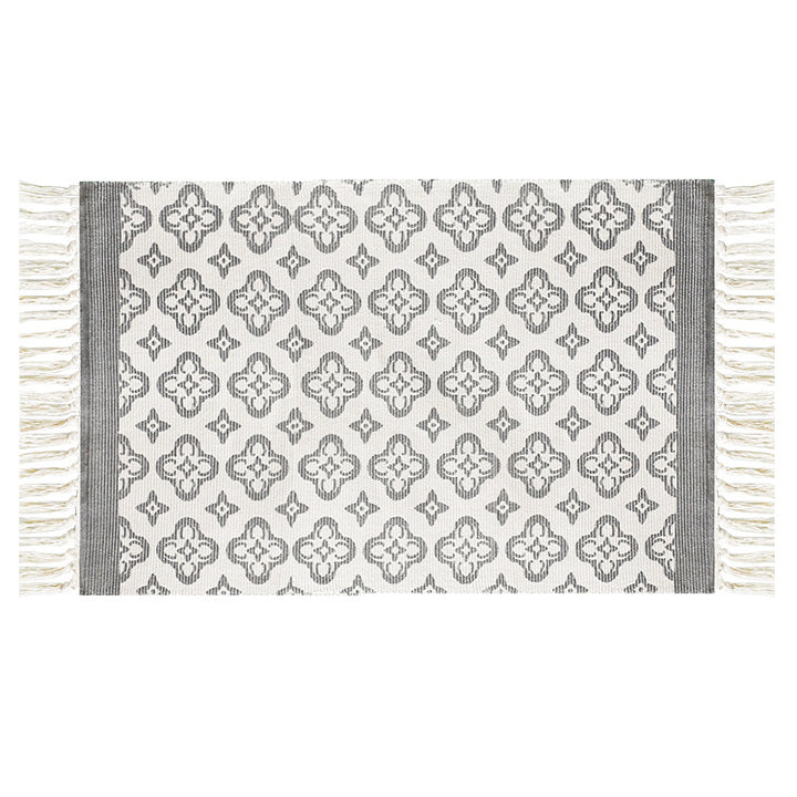 Flat-woven cotton runner with Mediterranean tile jacquard and decorative fringes