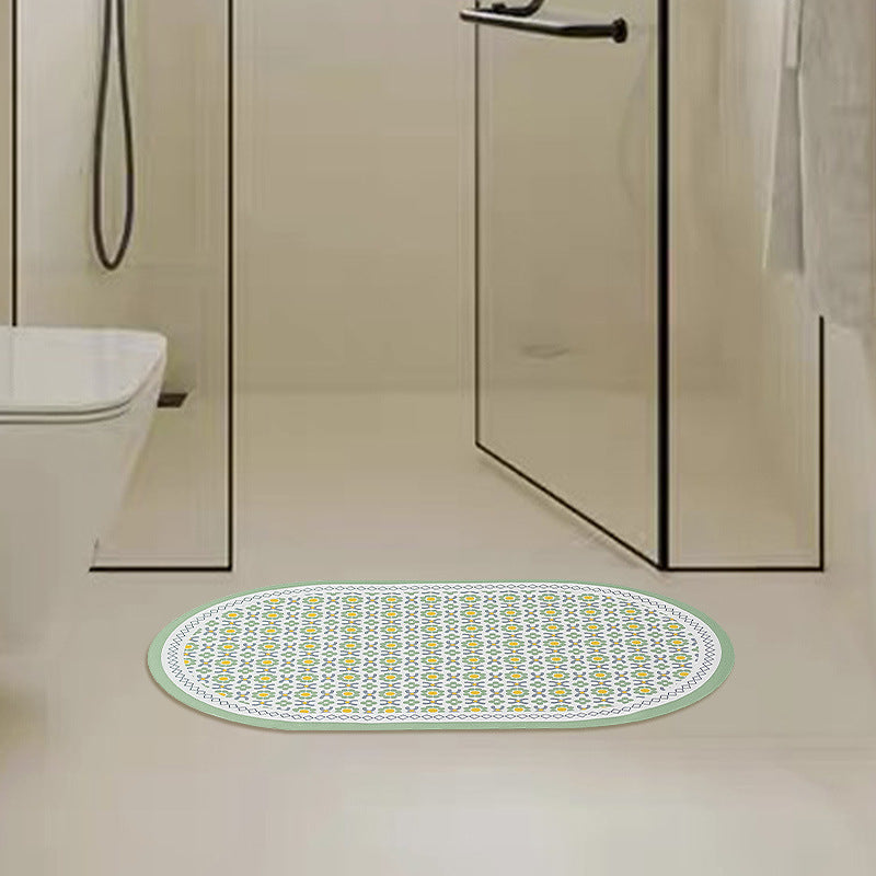 Oval non-slip vinyl mat with fine mosaic print and water-repellent surface