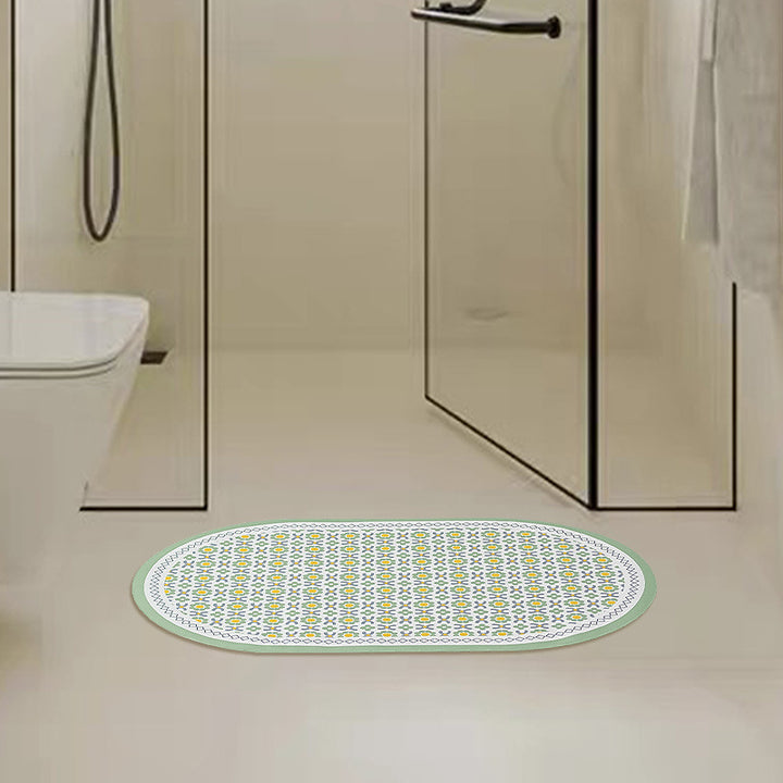 Oval non-slip vinyl mat with fine mosaic print and water-repellent surface