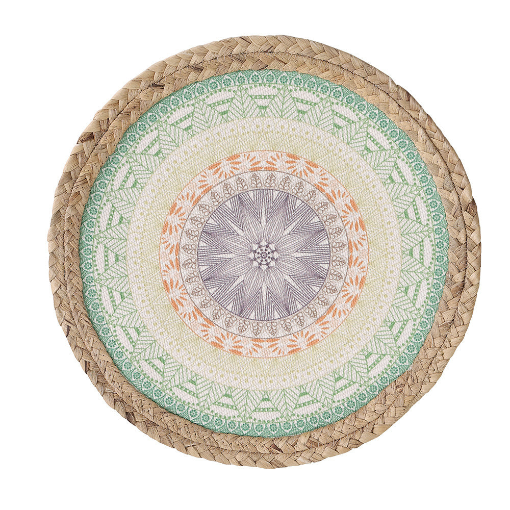 Round woven table mat made of jute with mandala cotton overlay