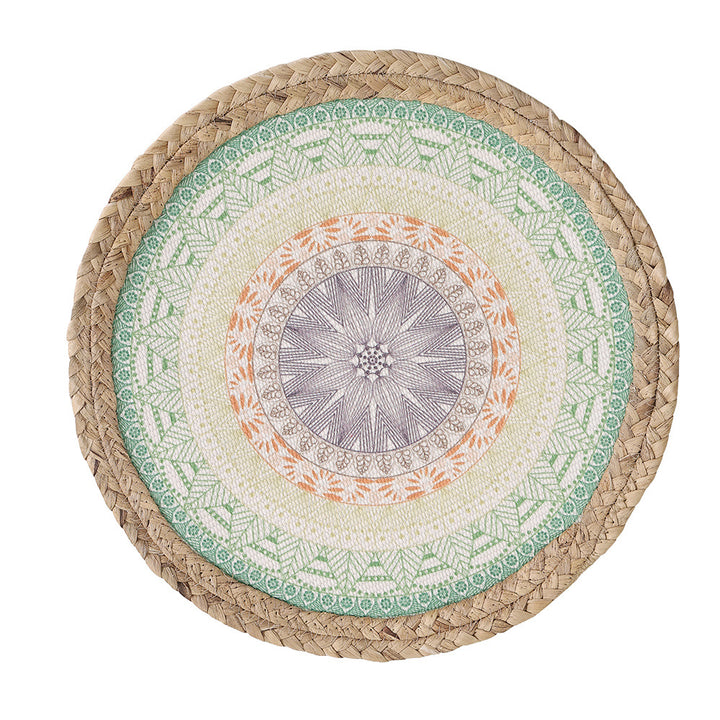 Round woven table mat made of jute with mandala cotton overlay