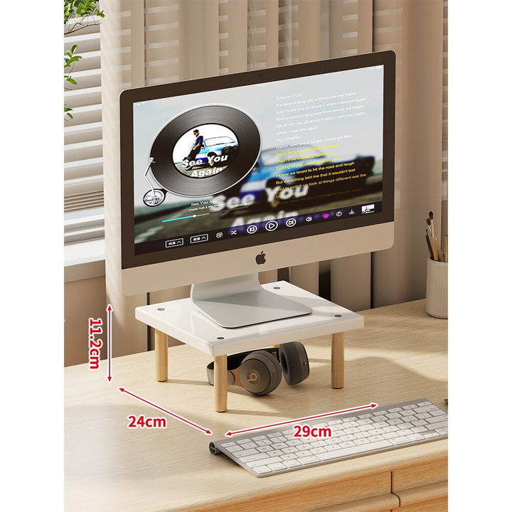 Compact Elevated Monitor Riser Stand with Wooden Legs and Under-Storage
