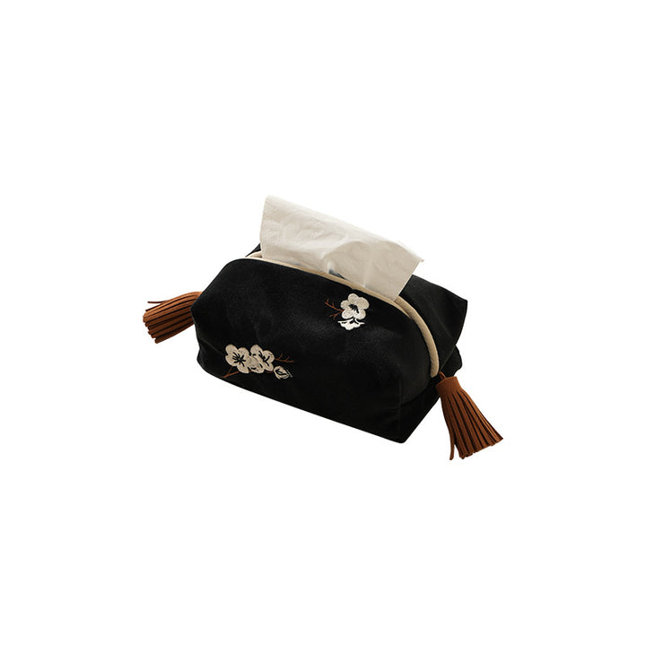 Embroidered tissue box cover made of velvet with tassels
