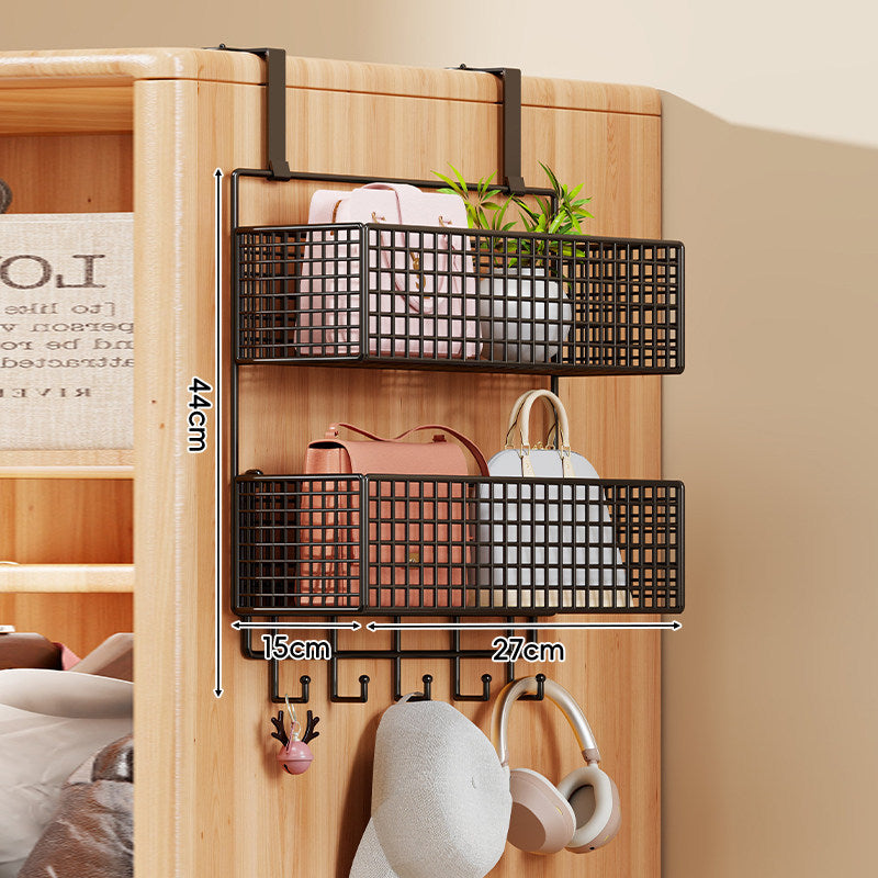 Over-the-Door Metal Grid Hanging Organizer with Four Stackable Baskets and Hooks