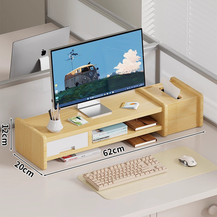Solid Wood Monitor Riser and Desk Organizer with Dual-Level Shelf and Cable Management
