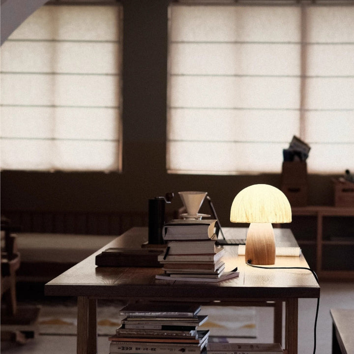 Artistic table lamp with natural wood base