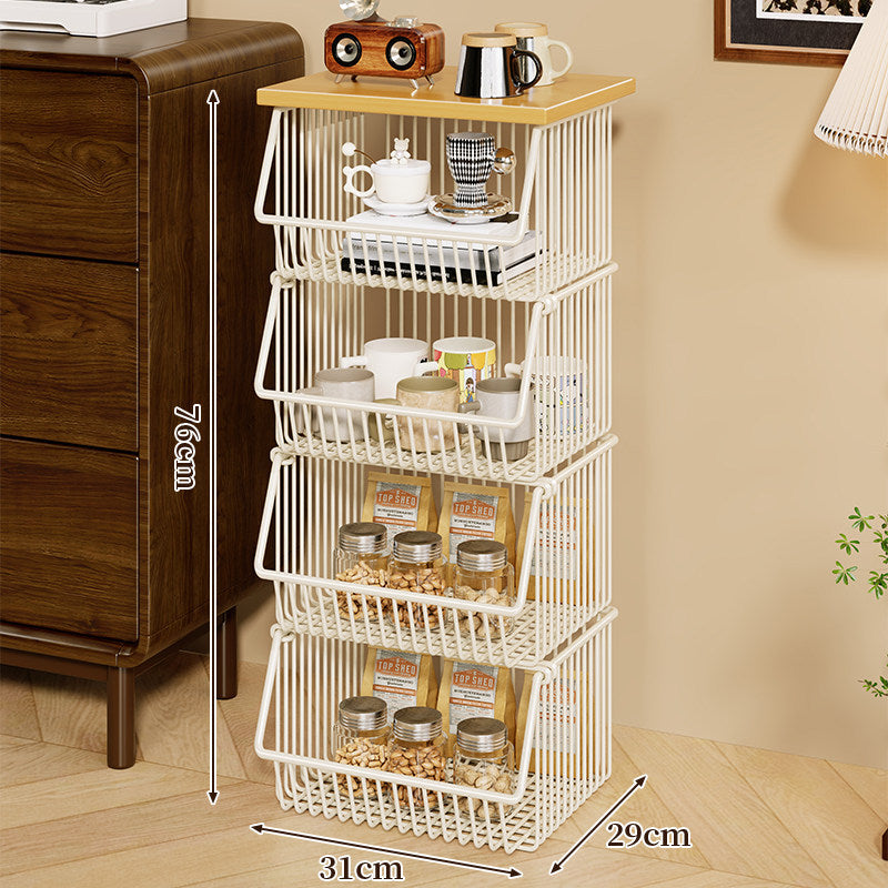 Four-Tier Industrial Wire Basket Cart with Wood Top and Swivel Locking Casters