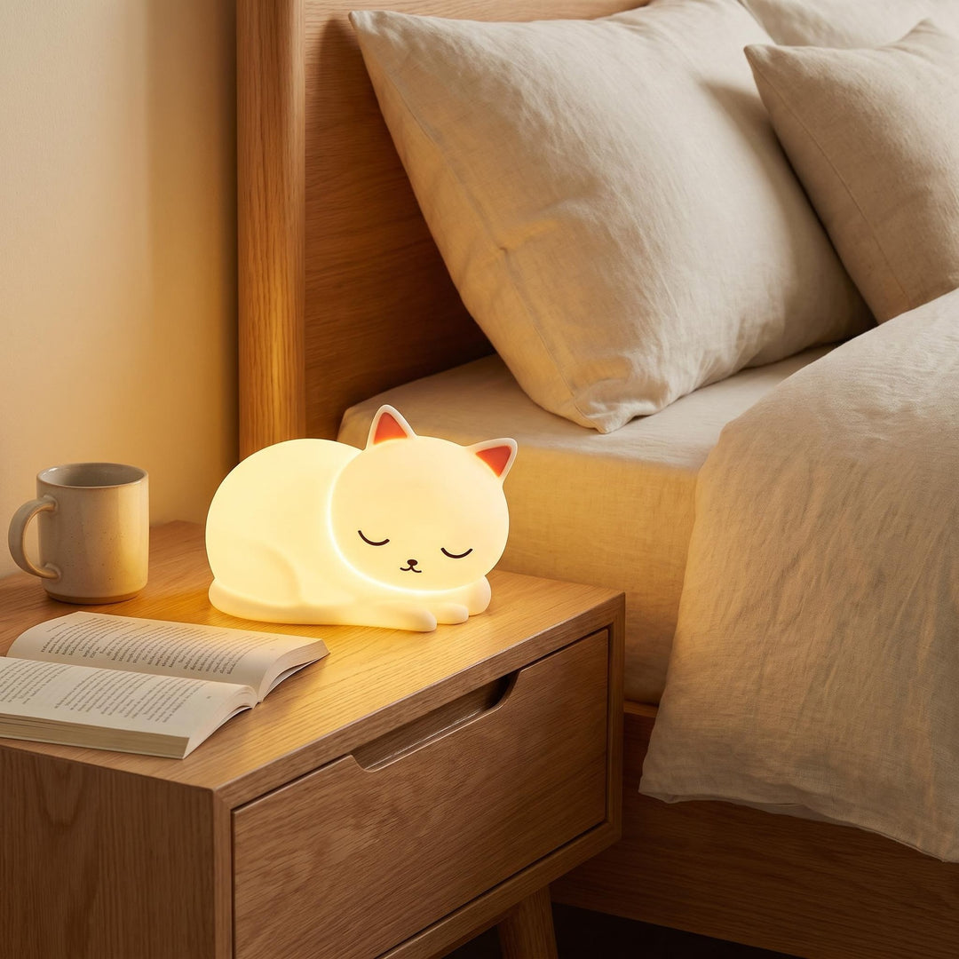 Silicone Sleeping Cat LED Night Light with Touch Dimming USB Rechargeable
