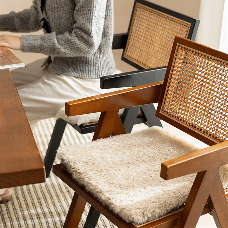 Square fluffy seat cushion with faux fur cover and attachment straps