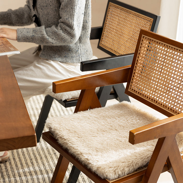 Square fluffy seat cushion with faux fur cover and attachment straps