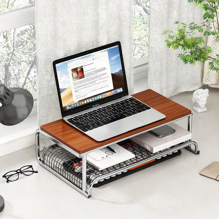 Tiered Adjustable Metal Laptop and Monitor Riser with Ventilated Slatted Shelves and Under-Storage Organizer