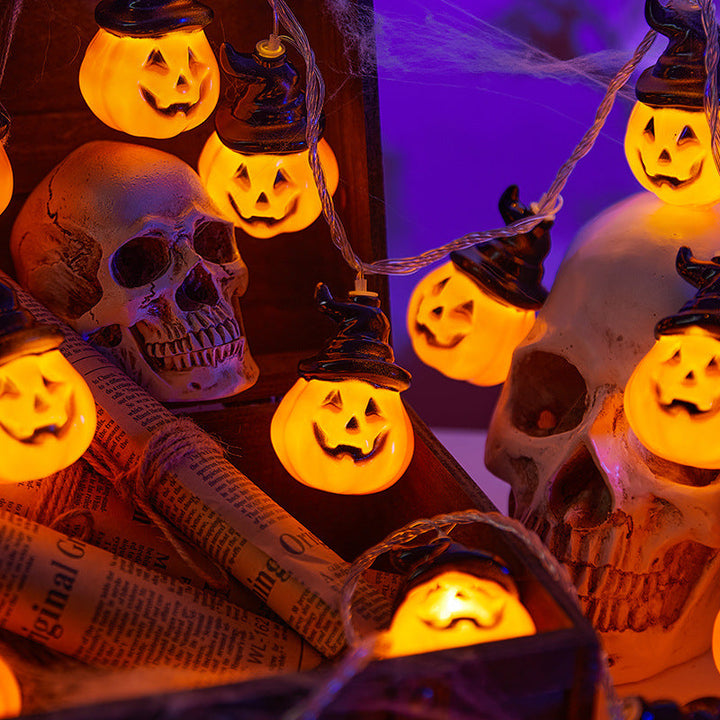Decorative Halloween string lights with pumpkin motifs